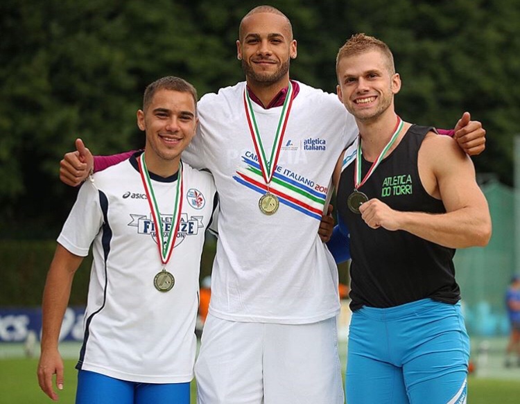 Podio dei 100m con Luca Antonio Cassano- Marcell Jacobs-Luca lai, da sinistra verso destra.